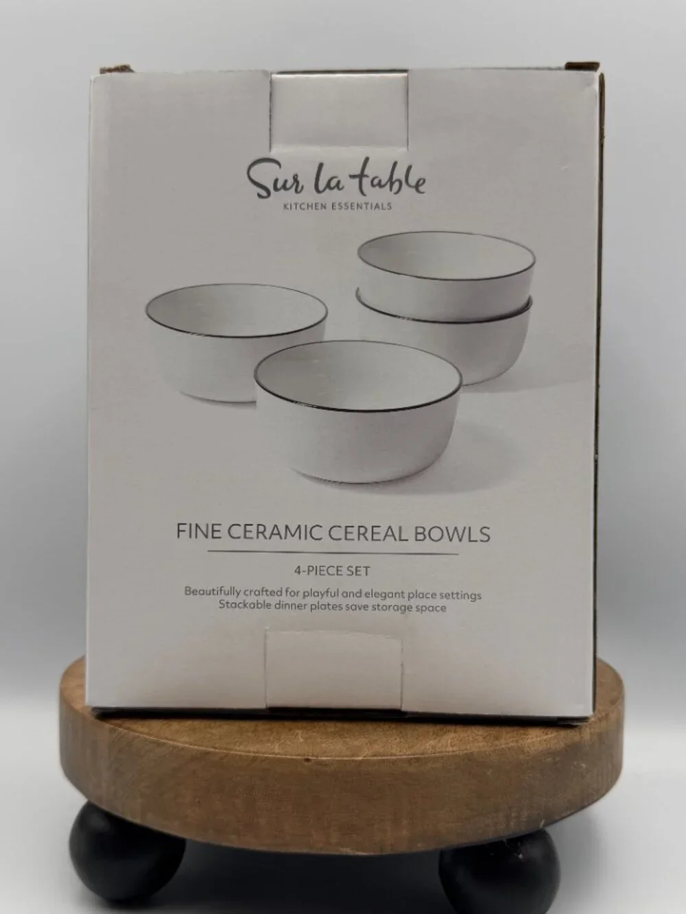 Sur La Table Kitchen Essentials Fine Ceramic Cereal Bowls White Black Rim Set 4